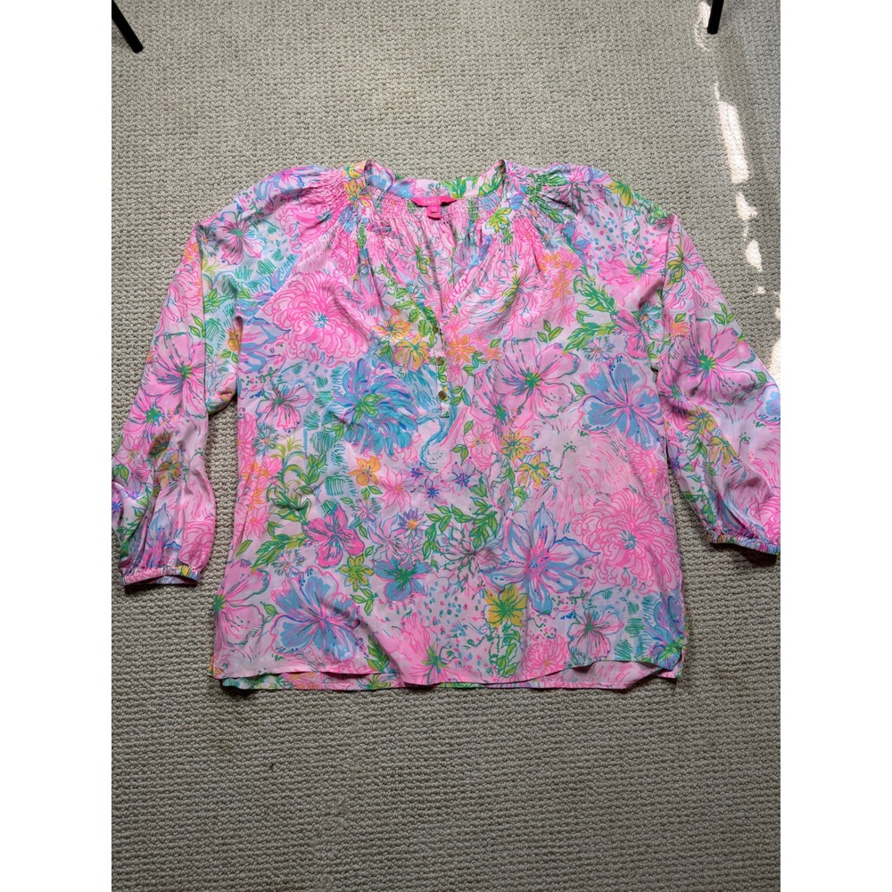 Lilly Pulitzer Elsa Top Pink Floral 100% Silk Smocked Blouse XL